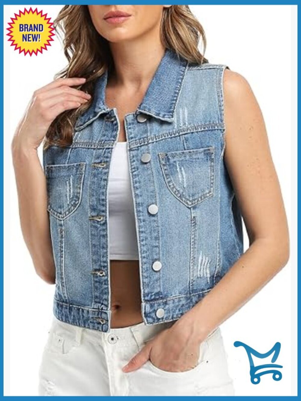 Womens Denim Jean Vest Cropped Distressed Collar Sleeveless Jacket